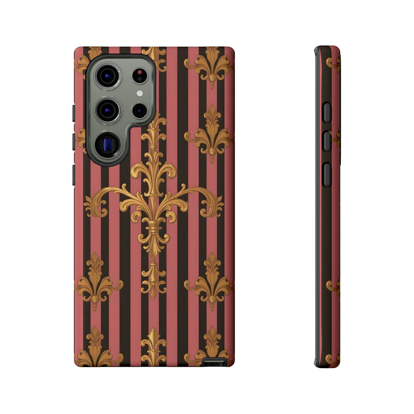 Elegant Floral Motif Phone Case - Tough Cases with Vintage Design - Mauve Striped Gold Damask