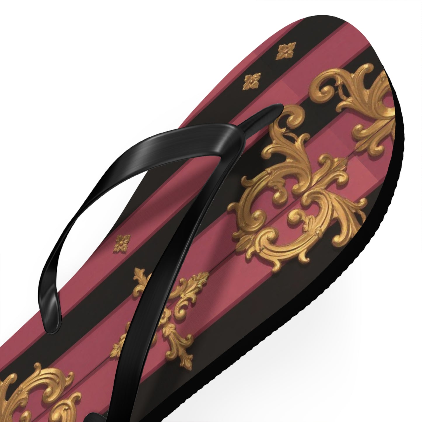Elegant Black & Mauve Striped Gold Baroque Flip Flops, Chic Footwear for Summer, Pool Parties, Beach Days, Vacation Essentials