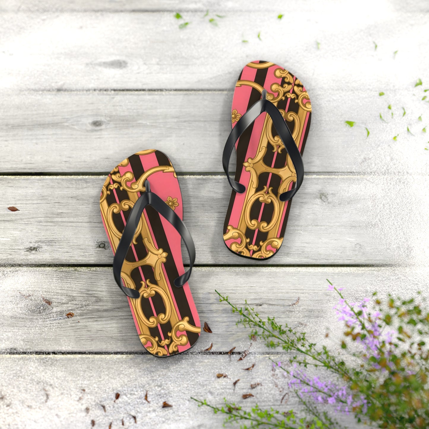 Chic Patterned Flip Flops - Stylish Summer Sandals, Beach Footwear, Pool Slides, Vacation Essentials, Gift for Her - Pink & Black Striped Gold Baroque