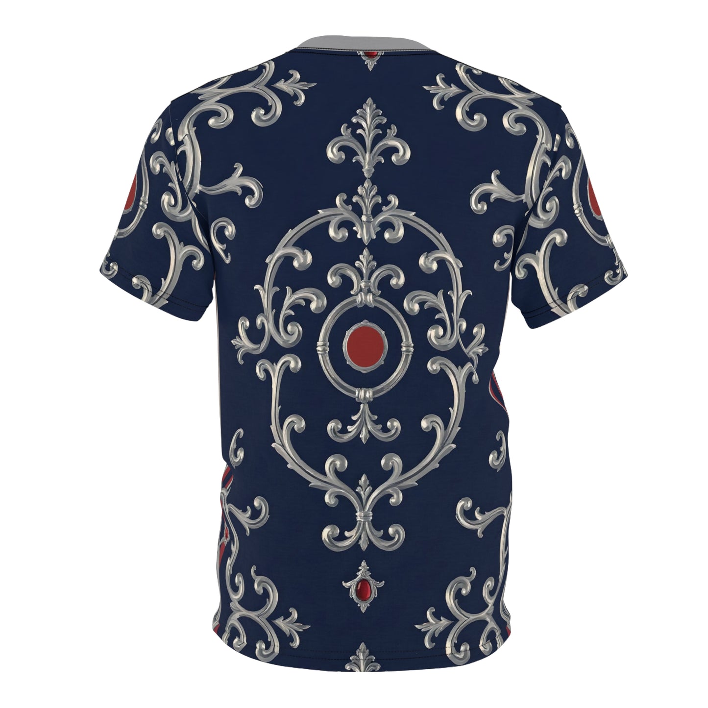Elegant Unisex Cut & Sew Tee, Stylish AOP T-Shirt for Casual Wear, Unique Graphic Tee - Blue & Red Striped Silver Baroque