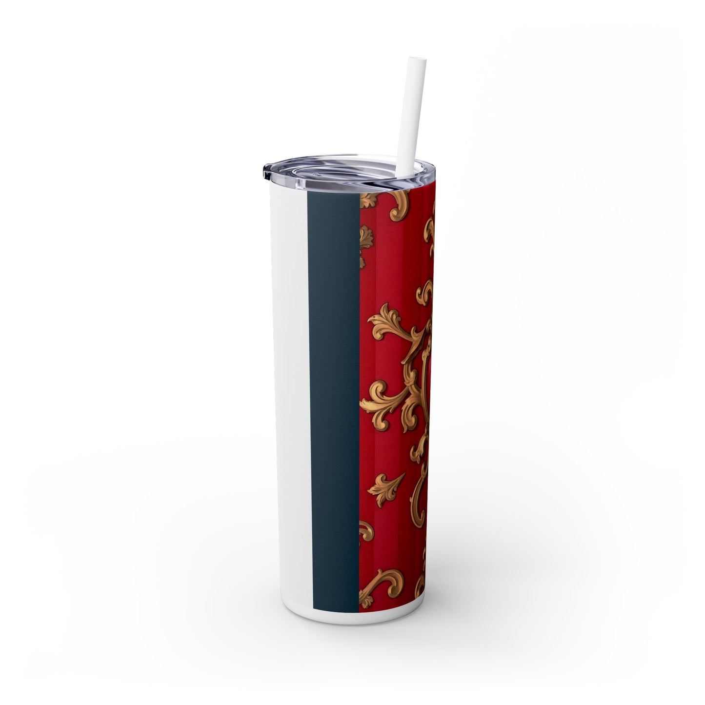 Elegant Red Ornate Skinny Tumbler, Stylish Travel Mug with Straw, Perfect for Gifts, Home Office - Blue, Red & White Striped Baroque