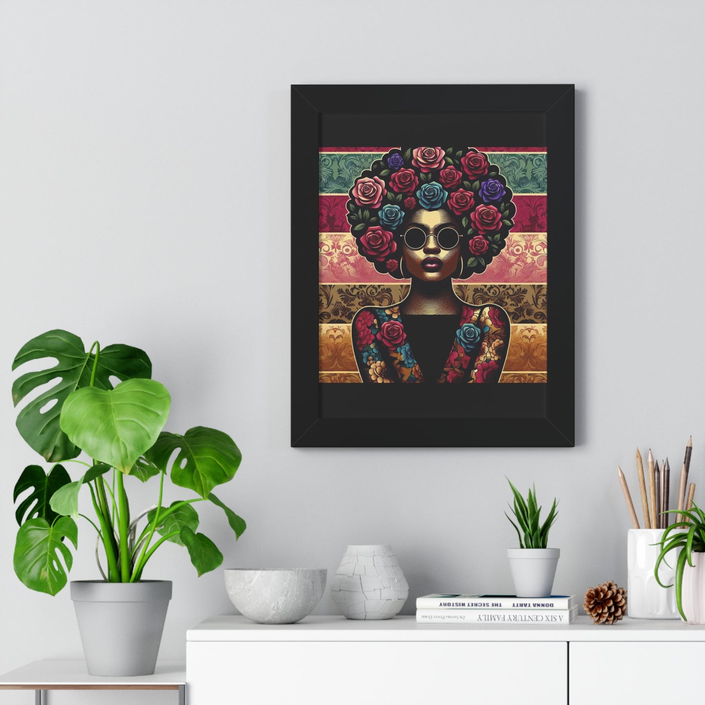 Vertical Poster Lady In Damask & Roses Wall Art