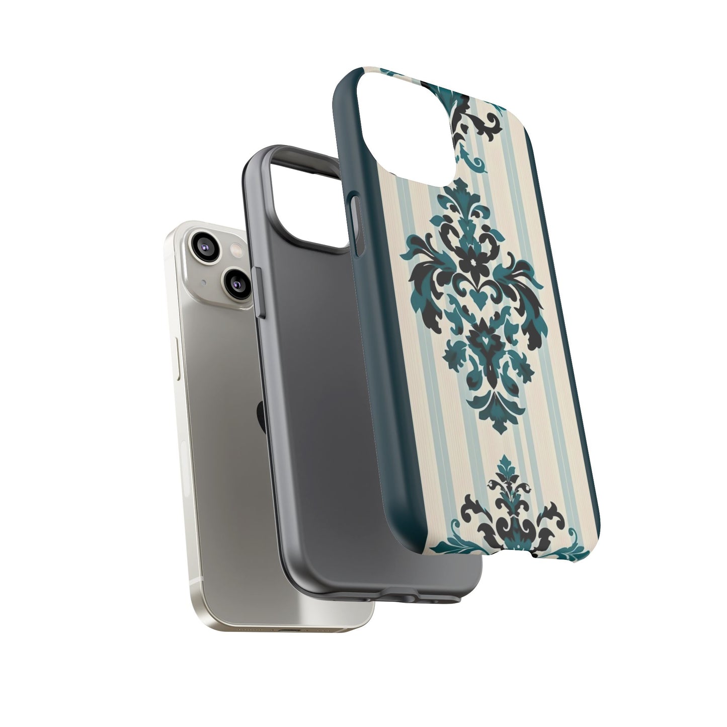 Elegant Floral Phone Case - Tough Cases with Vintage Design - Teal Striped Damask