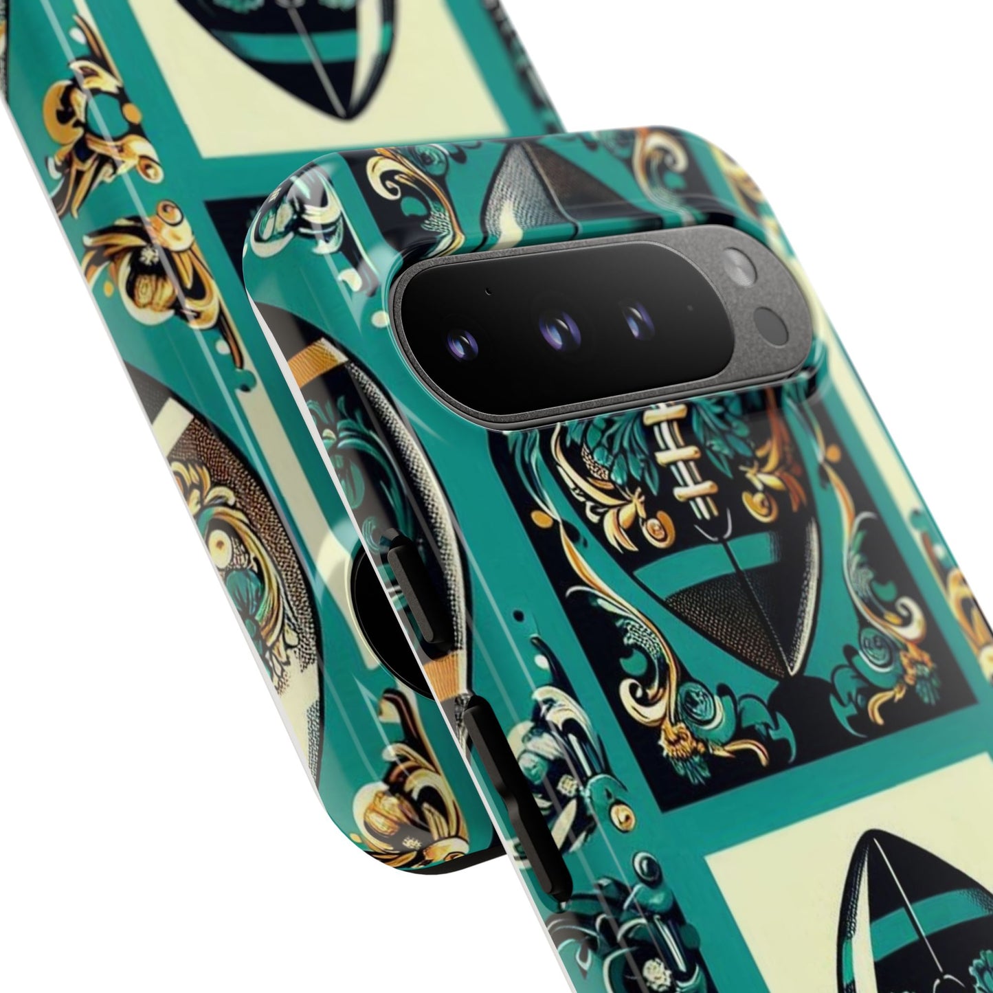 Elegant Floral Motif Phone Case - Tough Cases with Vintage Design -  Damask Teal, Gold & Black Footballs