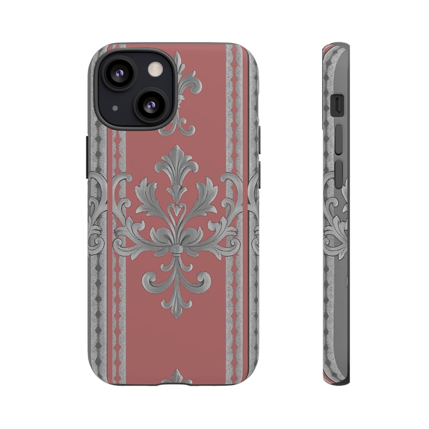 Elegant Floral Phone Case - Tough Cases for Stylish Protection - Gray & Mauve Striped Baroque