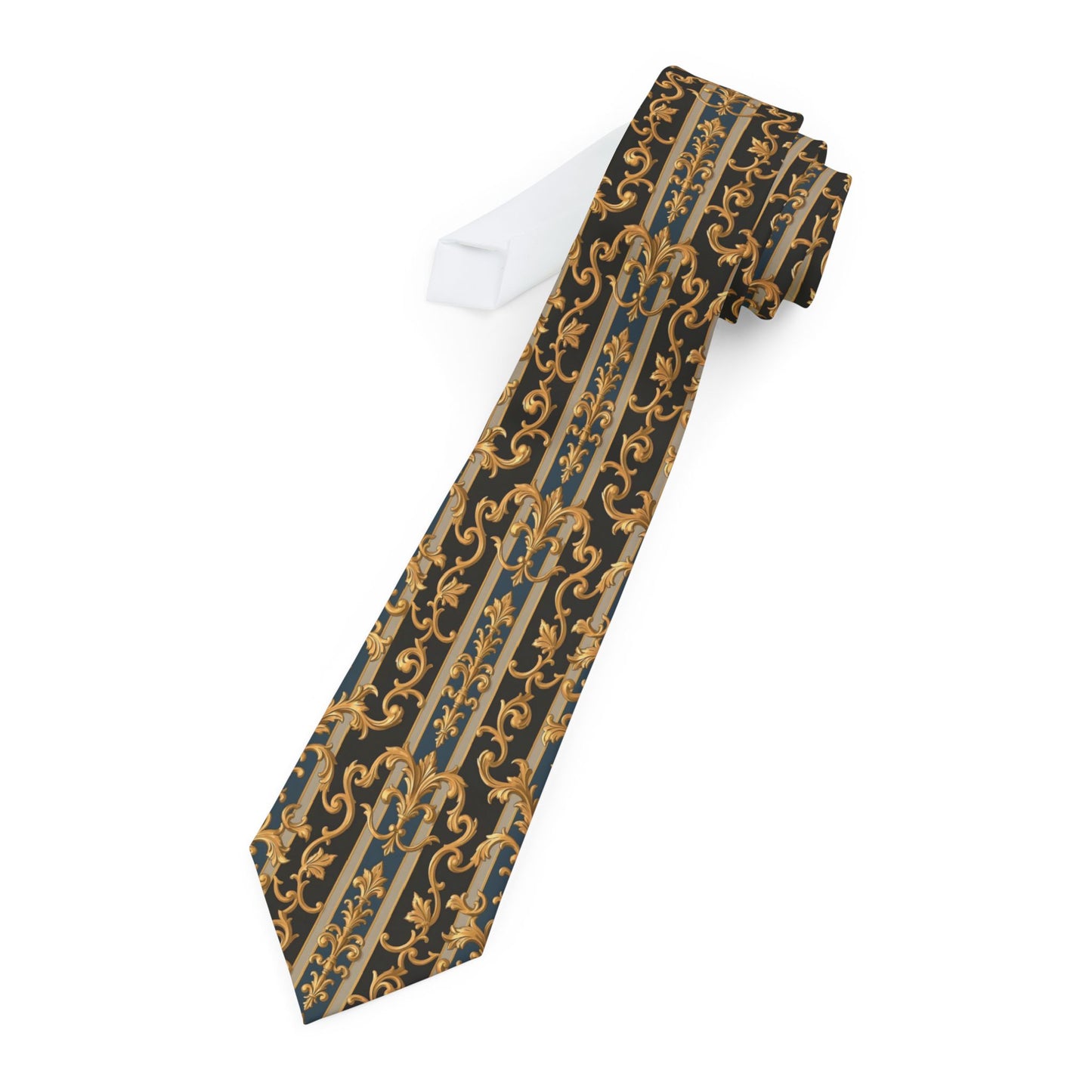 Elegant Patterned Necktie for Formal Events, Wedding Tie, Business Gift, Stylish Accessory, Father's Day Present - Blue & Black Striped Rococo