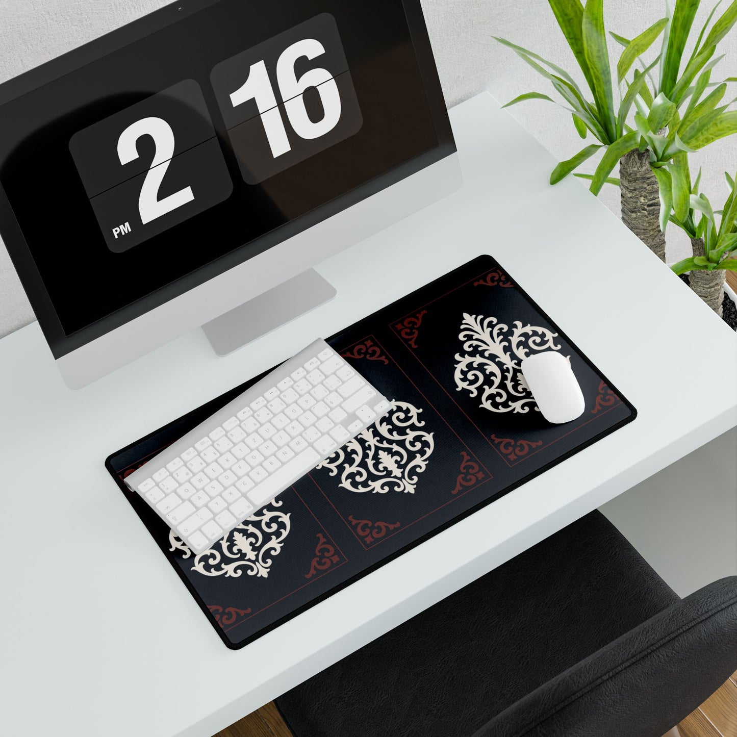 Dusk Blue-Maroon & White Baroque Desk Mat — Elegant Dusk Blue & White Mouse Pad
