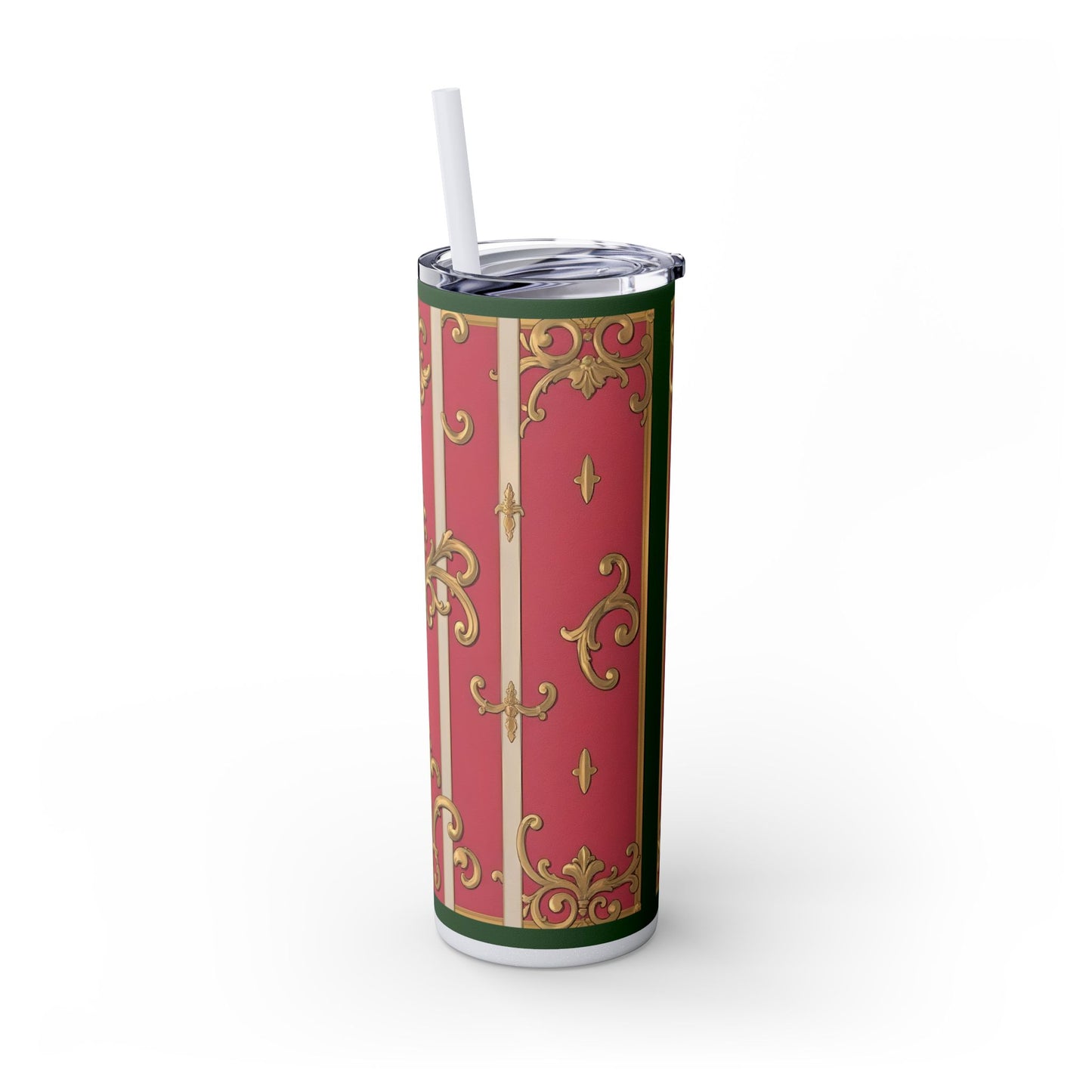 Elegant Green Border Pink Striped Baroque Skinny Tumbler with Straw, Reusable Travel Mug, Gift for Her, Fashionable Drinkware