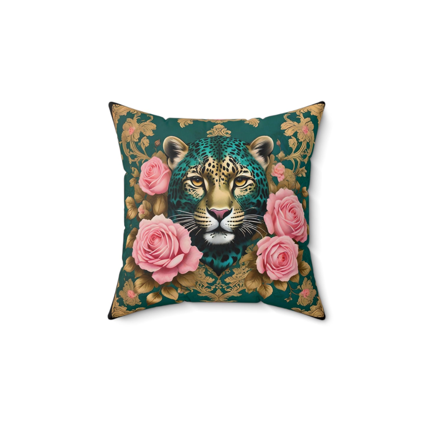 Floral Leopard Print Pillow, Decorative Cushion for Living Room - Teal Leopard