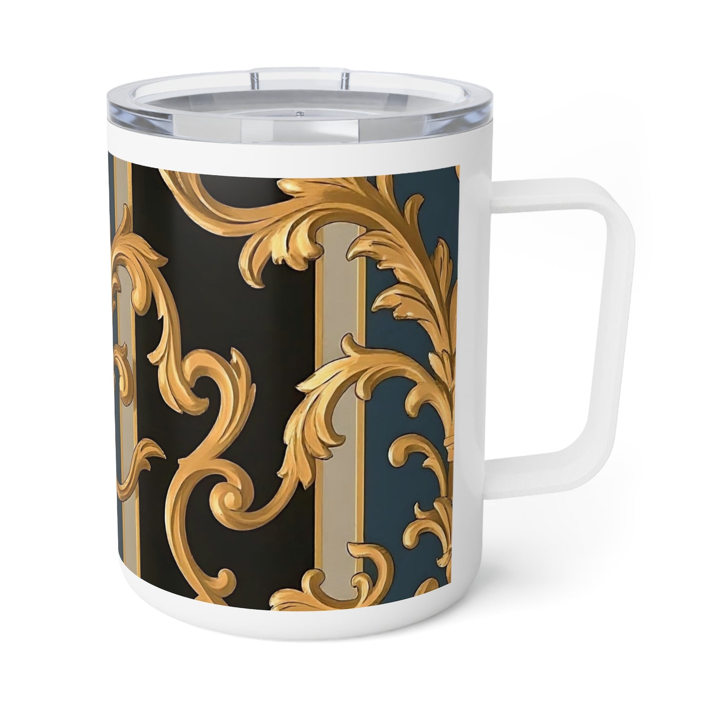 Elegant Insulated Coffee Mug, 10oz | Decorative Mug for Home & Office, Unique Gift for Coffee Lovers - Blue & Black Striped Rococo