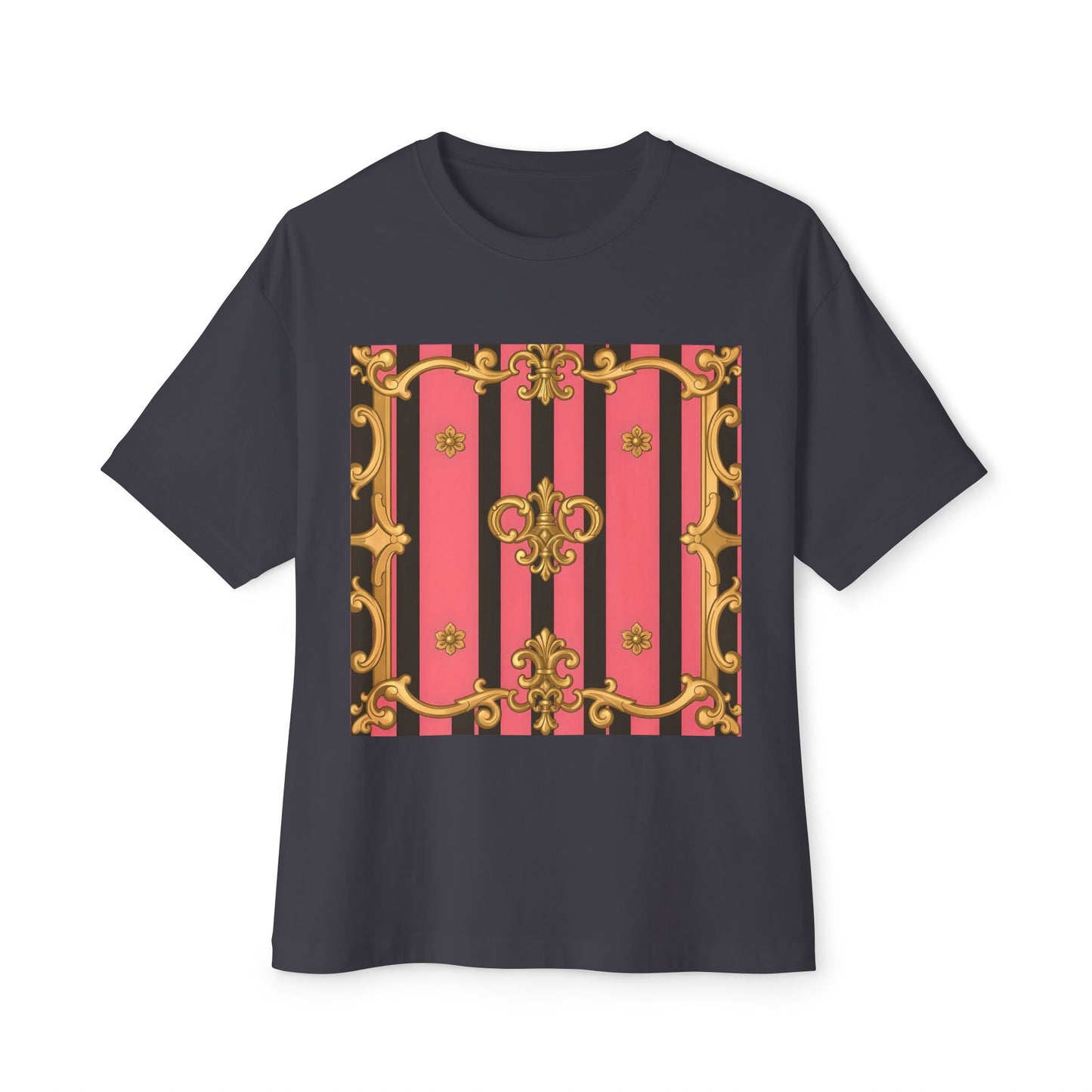 Chic Vintage-Inspired Oversized Tee, Stylish Graphic T-Shirt, Baroque Tee, Casual Summer Shirt - Pink & Black Striped Gold Baroque
