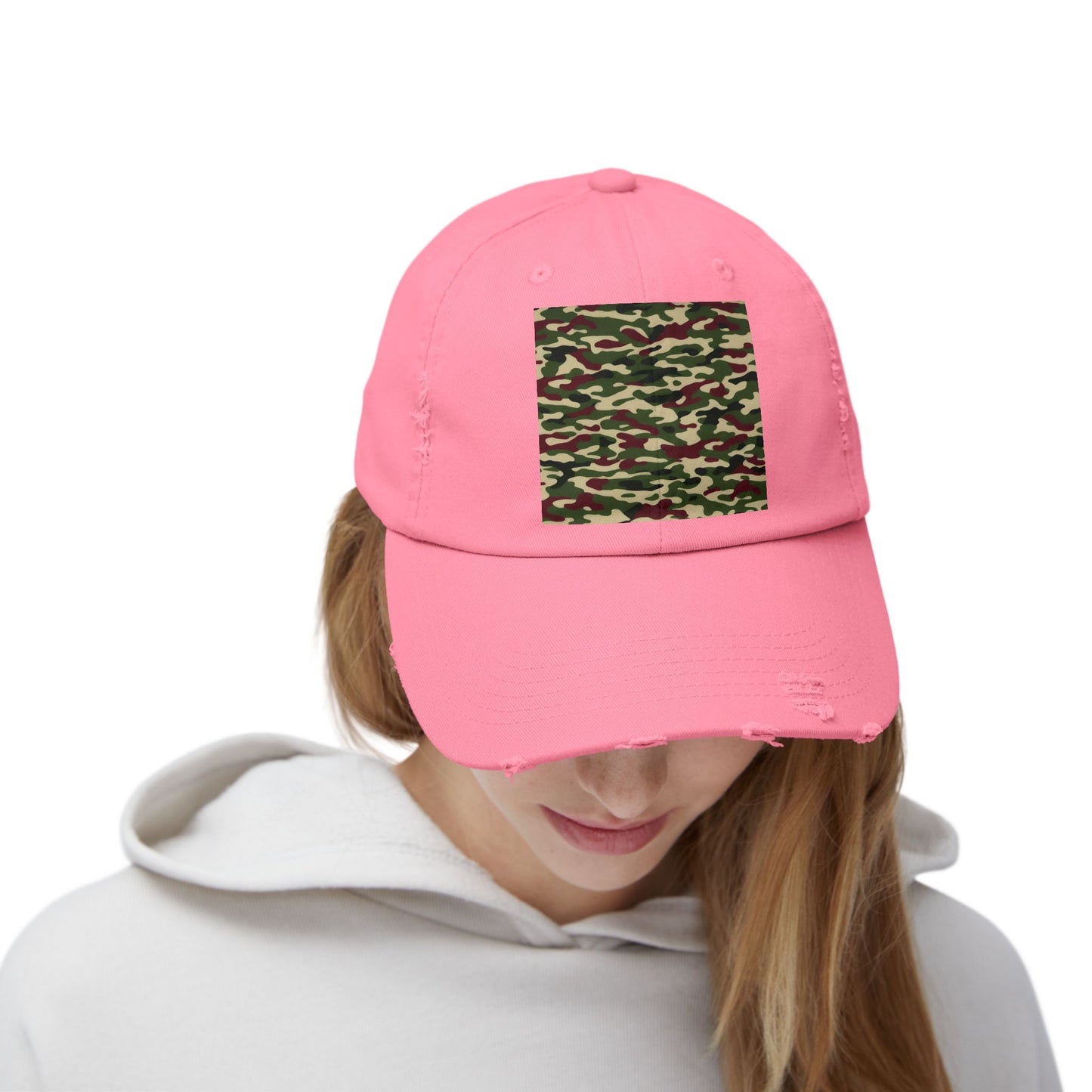 Camo Distressed Cap | Unisex Fashion Hat, Trendy Outdoor Accessory, Gift for Him/Her, Casual Wear, Sports Cap - Army Green & Burgundy Camo