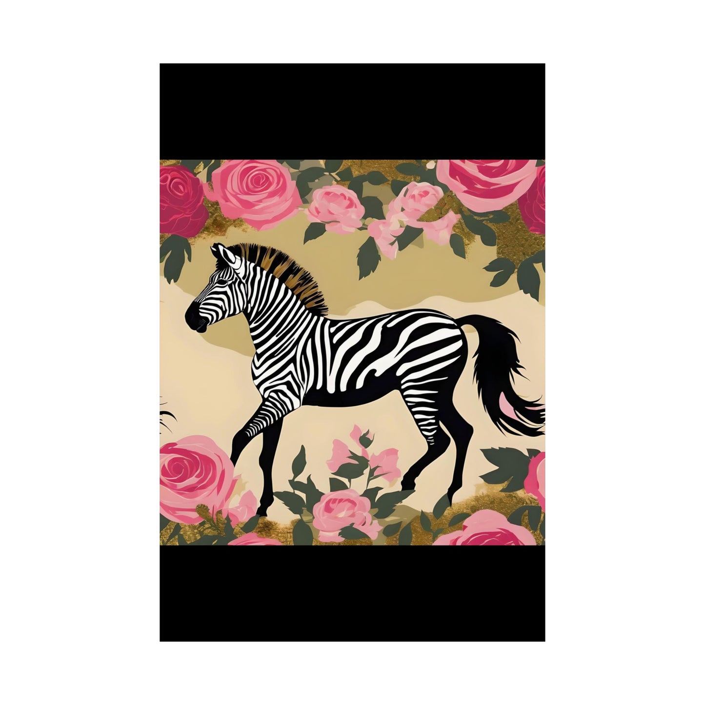 Floral Art Poster - Elegant Matte Vertical Wall Decor - Zebra In Olive & Pink Roses