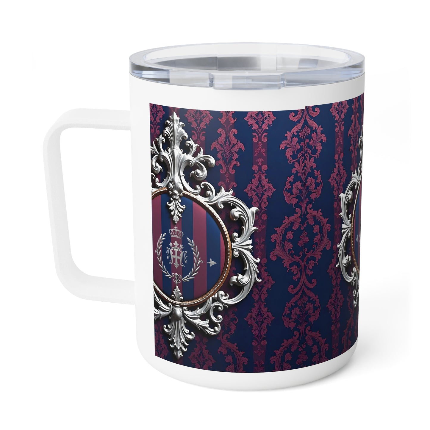 Elegant Insulated Coffee Mug with Regal Design | Perfect Gift for Home, Royal Tea Lovers, Stylish Drinkware - Blue & Plum Striped Silver Crest
