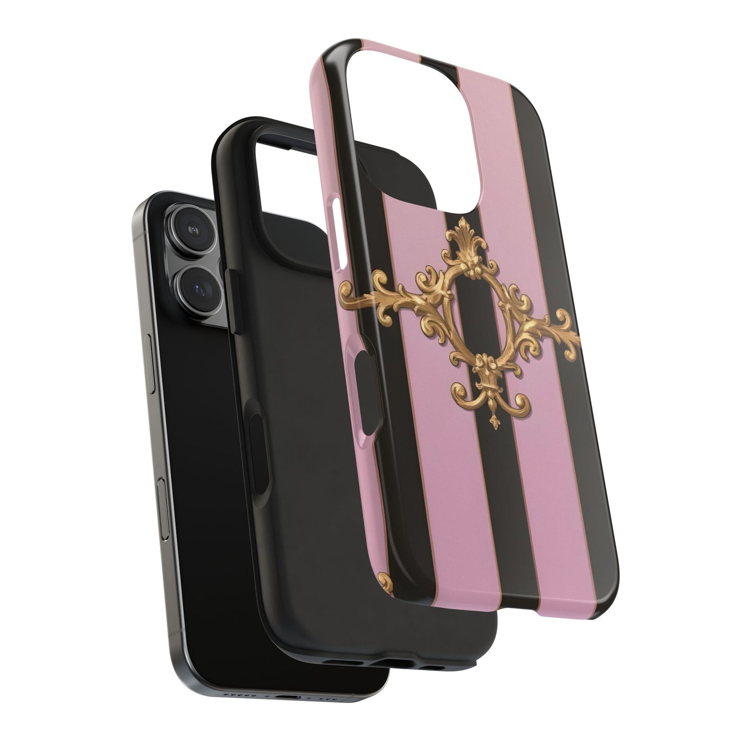 Stylish Tough Phone Case for Elegant Protection, Fashionable Accessories, Smartphone Cover - Matte Lavender & Black Striped Gold Baroque
