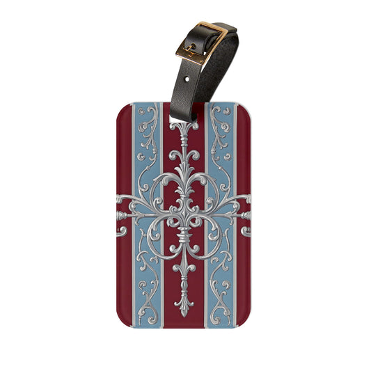 Elegant Vintage Luggage Tag, Stylish Travel Accessory, Personalized Bag Tag, Unique Gift for Travelers - Ice Blue & Burgundy Striped Baroque