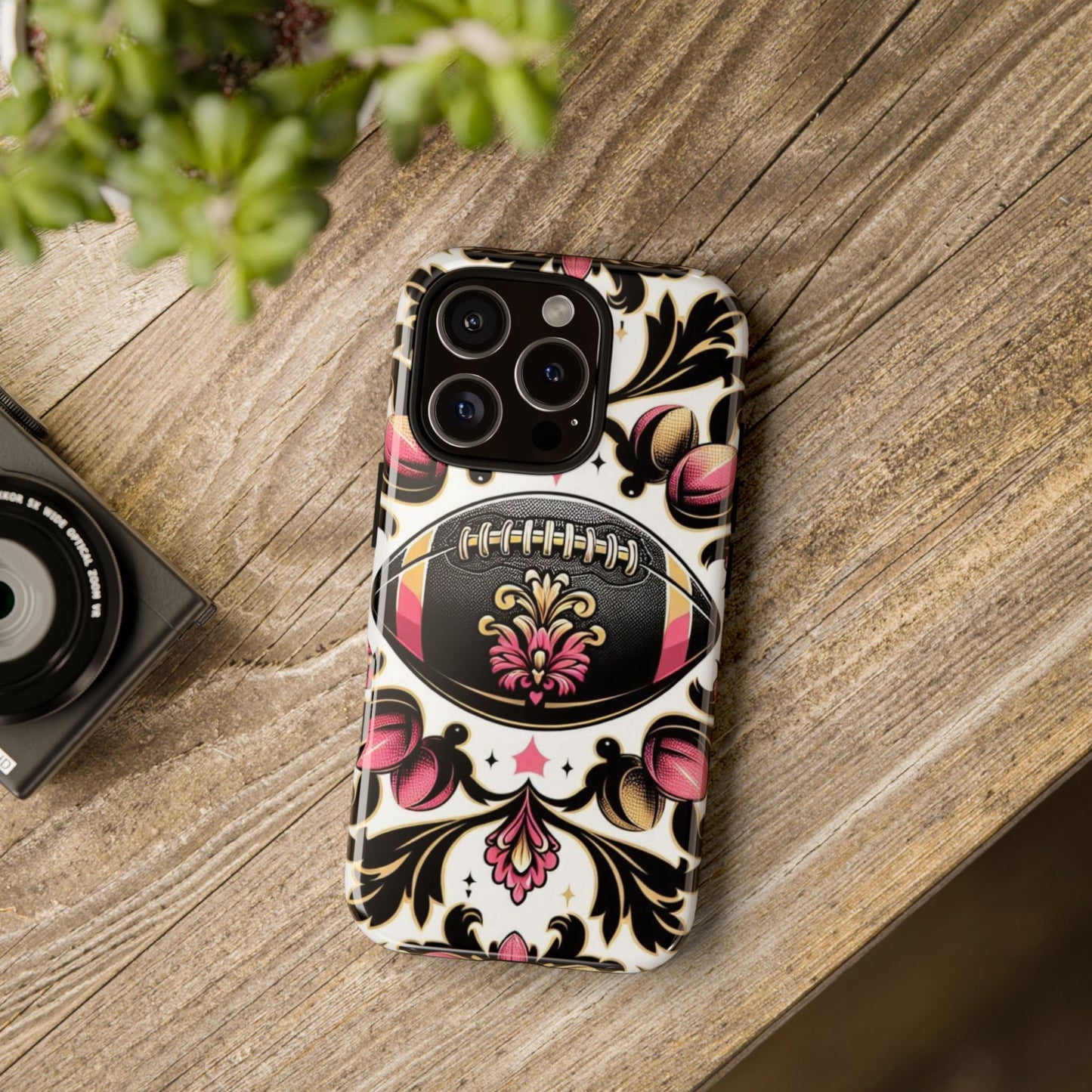 Elegant Floral Motif Phone Case - Tough Cases with Vintage Design - Damask White, Pink Gold & Black Football