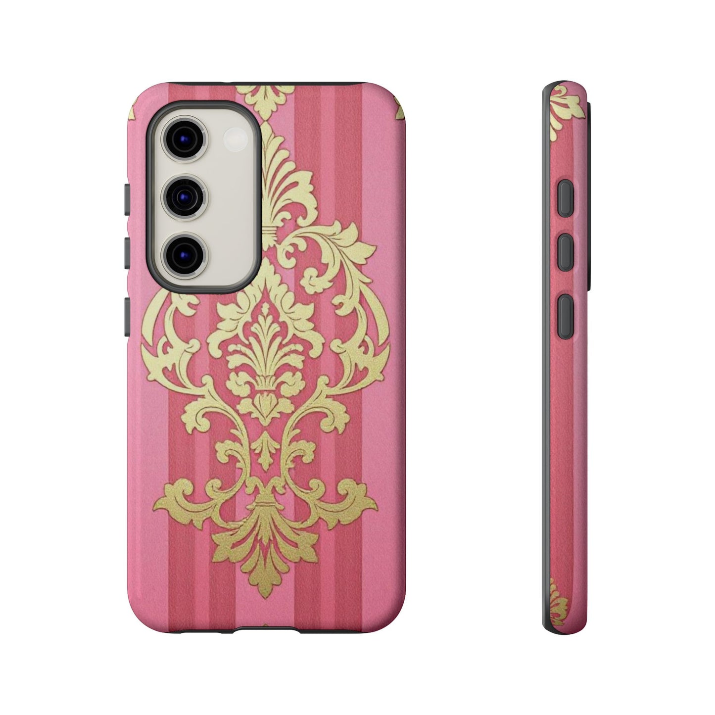 Elegant Floral Motif Phone Case - Tough Cases with Vintage Design - Pink Striped Damask