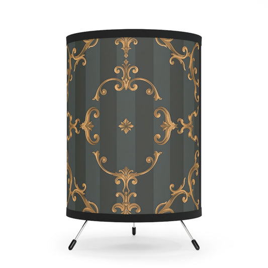 Elegant Tripod Lamp with High-Res Ornate Shade - Vintage Home Decor - Gray Striped Baroque
