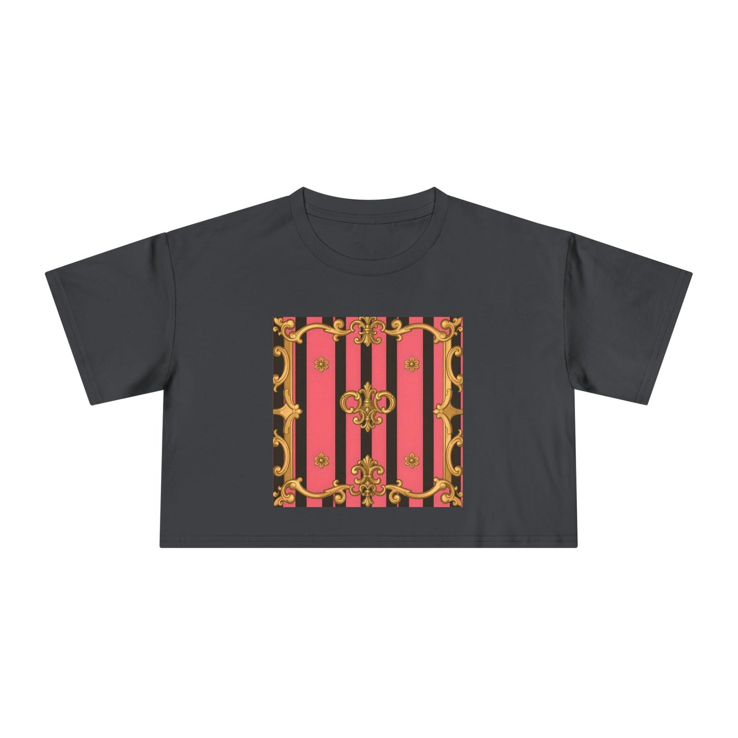 Chic Vintage-Inspired Women's Crop Tee, Stylish Summer Top, Trendy Fashion Tee, Baroque Casual Wear - Pink & Black Striped Gold Baroque