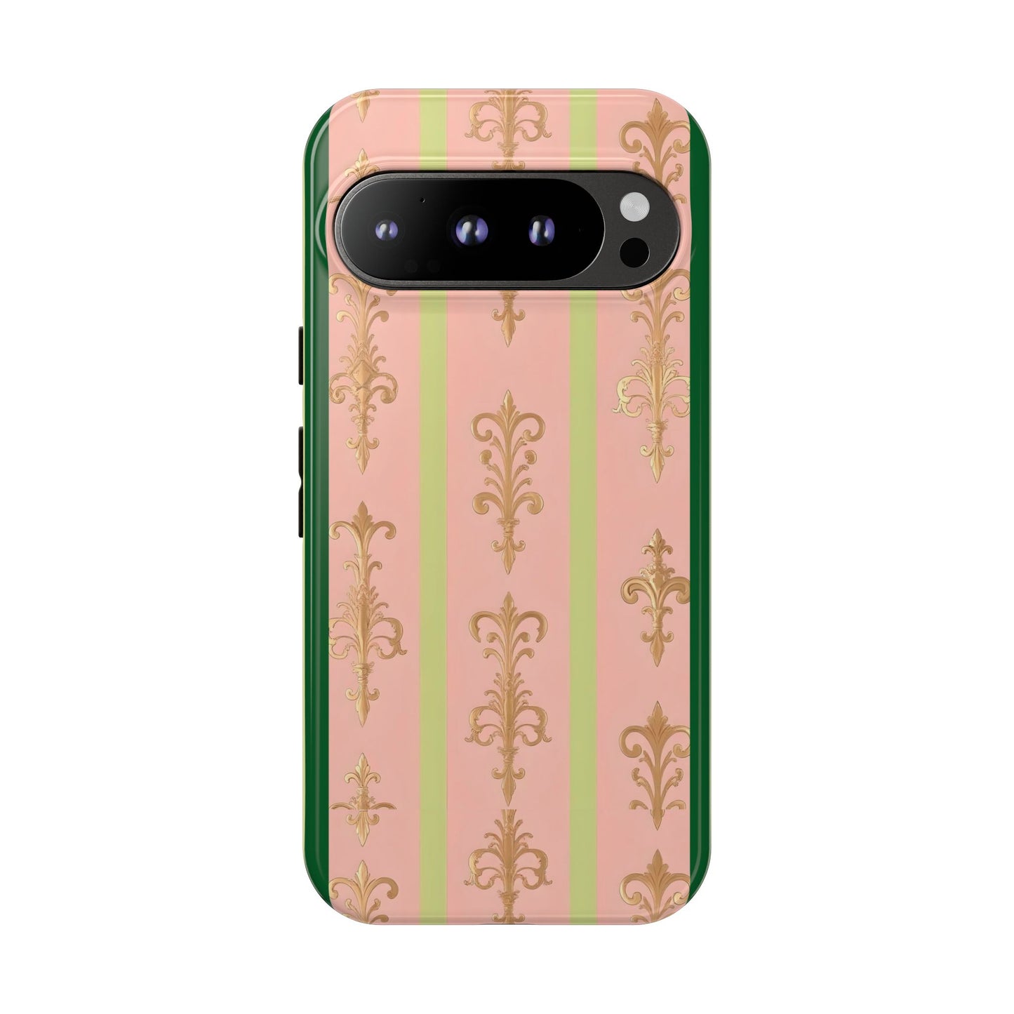 Elegant Floral Motif Phone Case - Tough Cases with Vintage Design - Lime Green & Pink Striped Damask