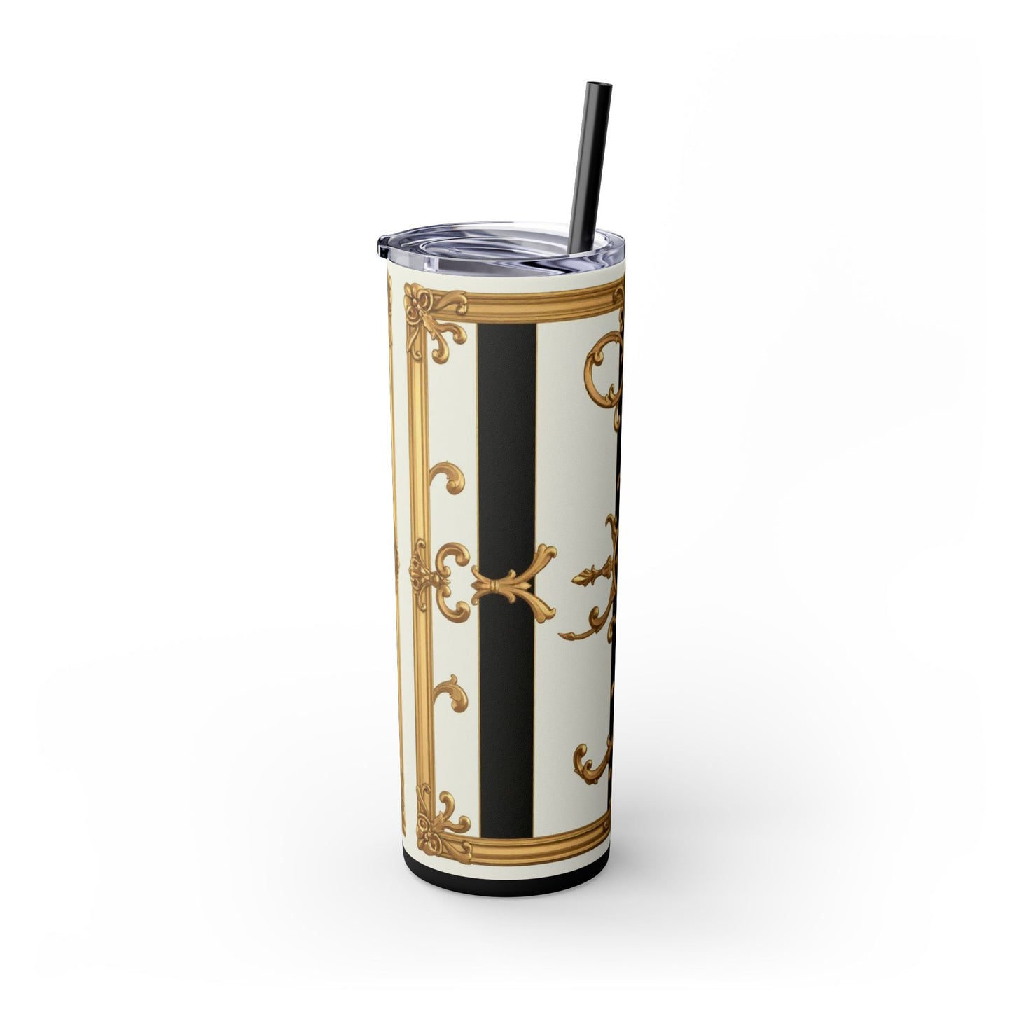 Elegant Gold Accents Skinny Tumbler, 20oz - Stylish Drinkware for Weddings, Parties, Gifts, or Everyday Use - Black & White Striped Gold Baroque