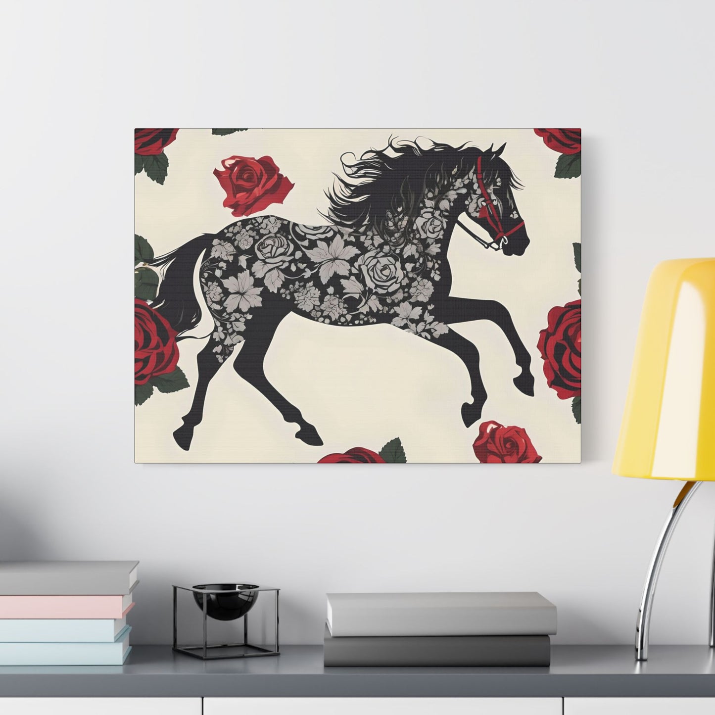Art Print Canvas, Wall Decor, Satin Stretched Canvas, Equestrian Art, Office Decor, Home Decor - Horse & Roses