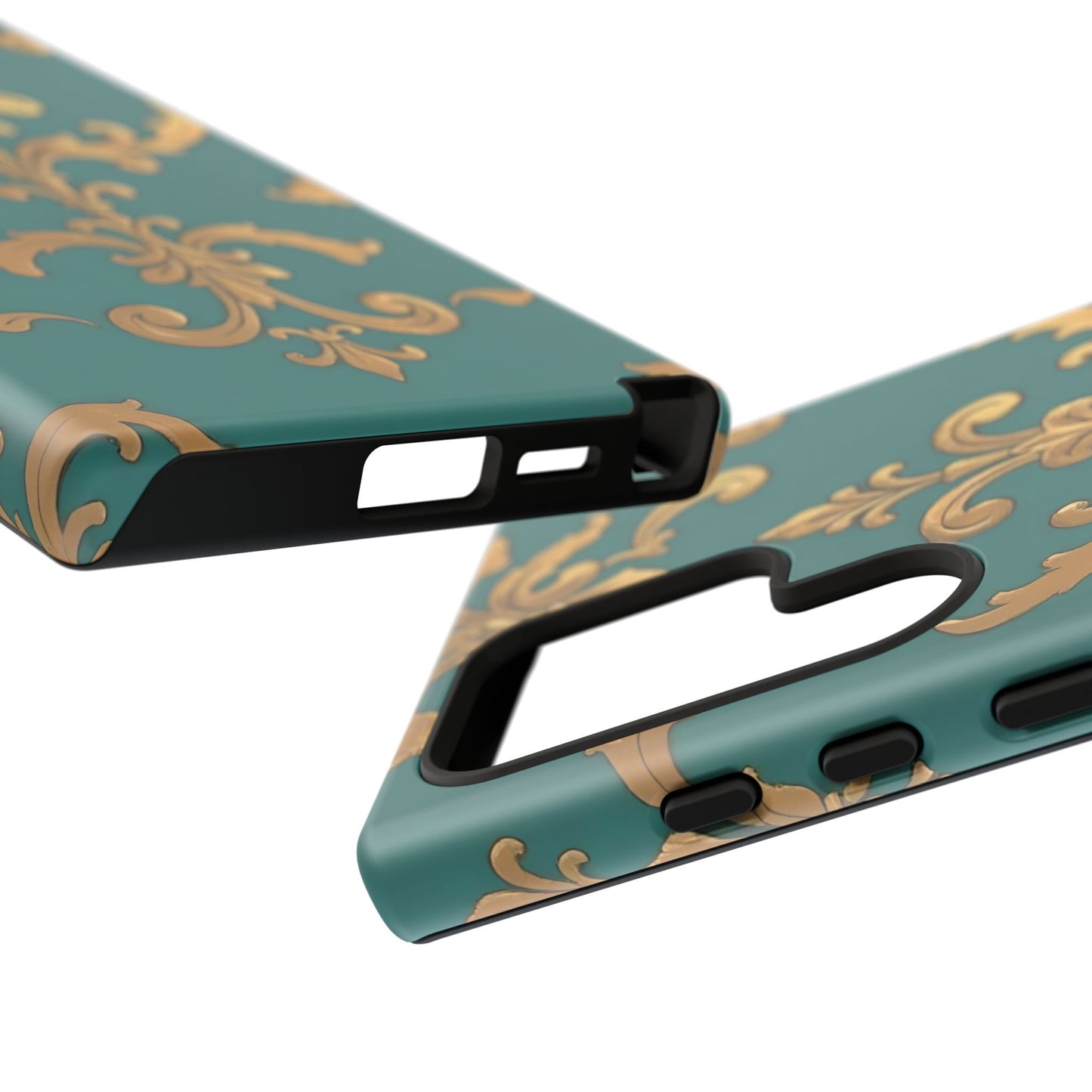Elegant Floral Motif Phone Case - Tough Cases with Vintage Design - Aqua & Gold Damask