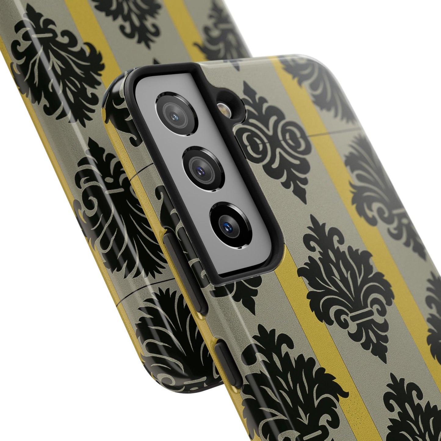 Elegant Baroque Tough Phone Cases | Chic Phone Protection | Gift for Her | Stylish Accessory | Holiday Gift Idea | Silver & Gold Striped Black Baroque
