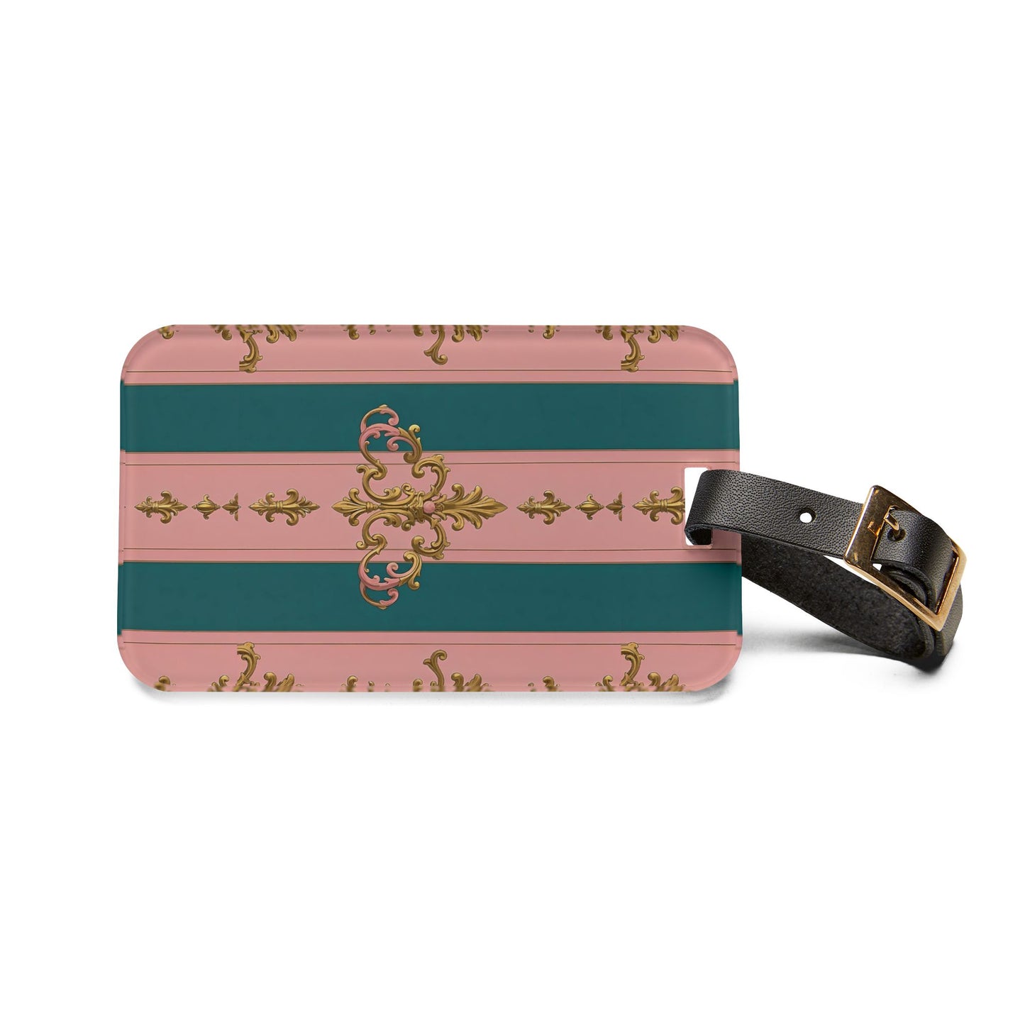 Elegant Vintage Luggage Tag | Travel Accessory, Personalized Baggage Identifier, Gift for Travelers - Pink & Teal Striped Gold Baroque