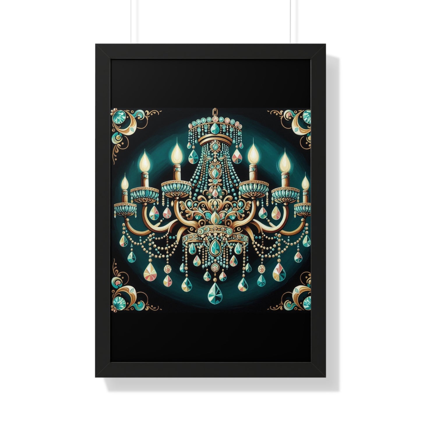 Elegant Chandelier Art Print, Framed Vertical Poster, Home Decor, Wall Art, Gift for Her, Luxury Interior Decoration - Teal Jeweled Chandelier