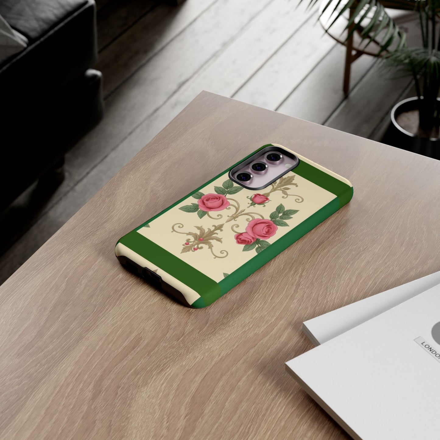 Elegant Floral Motif Phone Case - Tough Cases with Vintage Design - Green Border Roses & Damask