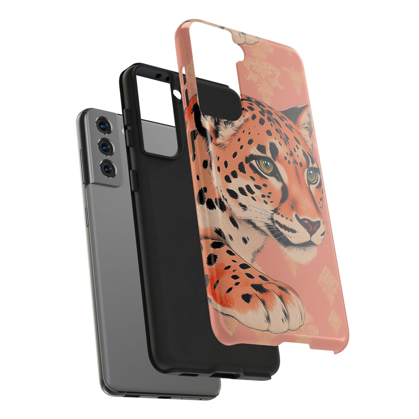 Leopard Tough Phone Case - Trendy Floral Motif Design for Animal Lovers - Peach Leopard & Damask