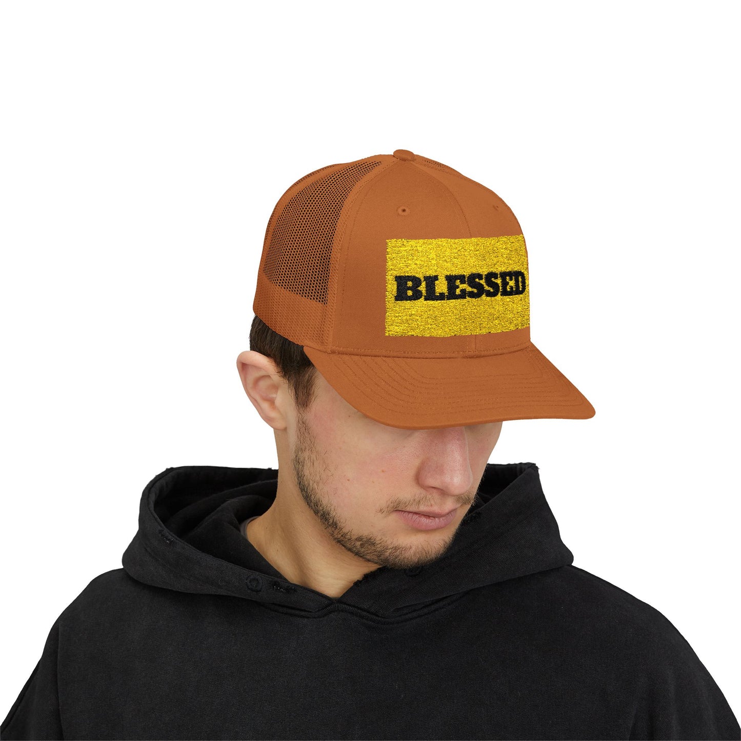 Blessed In Gold Snapback Trucker Cap for Everyday Inspiration, Faith-Based Accessory, Adjustable Hat, Gift for Friends, Motivational Cap