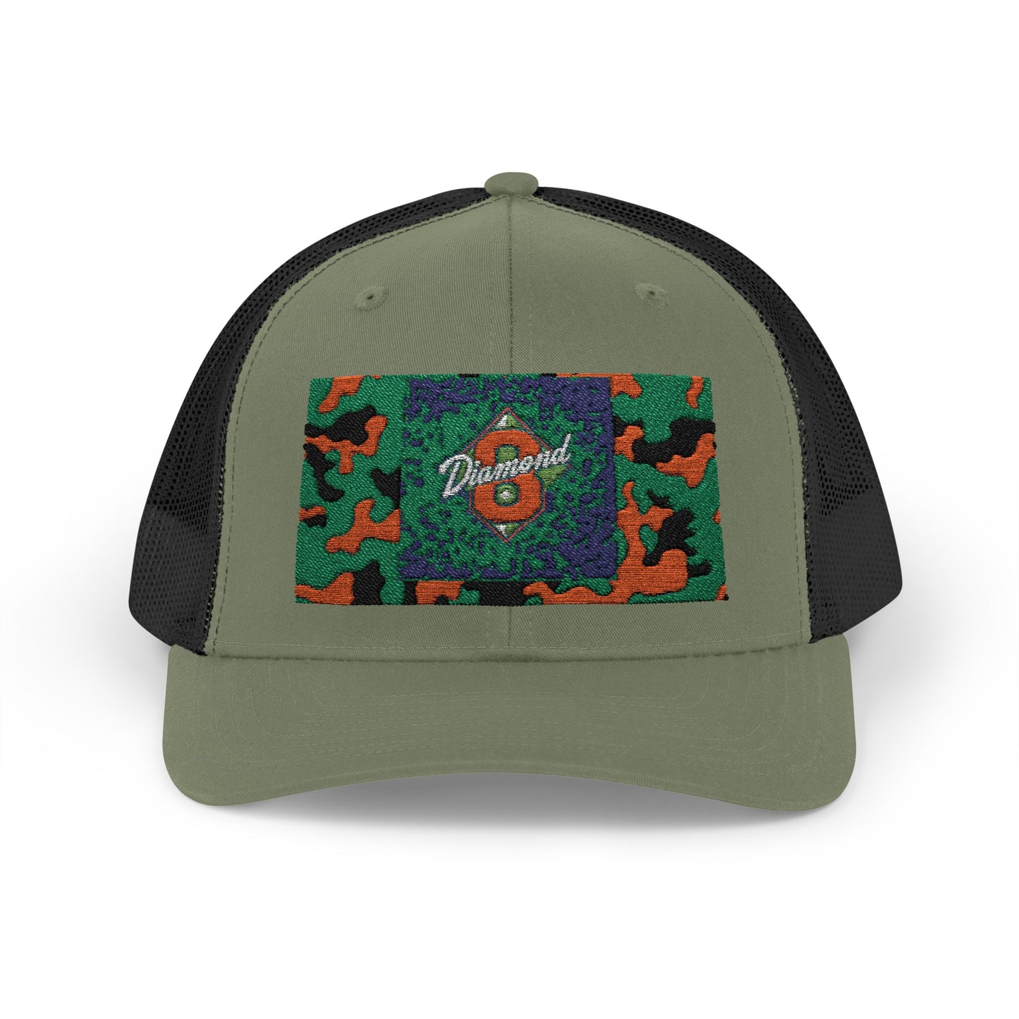 Colorful Camouflage Snapback Trucker Cap, Casual Hat, Outdoor Gear, Unisex Headwear, Gift for Him/Her - Green & Orange Camo Diamond 8