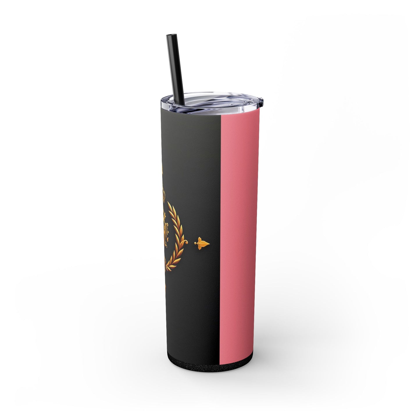 Elegant Royal Themed Skinny Tumbler, Chic Drinkware for Parties, Daily Hydration, Gifts for Her, Travel Mug, Reusable Straw - Pink Striped Gold Crest