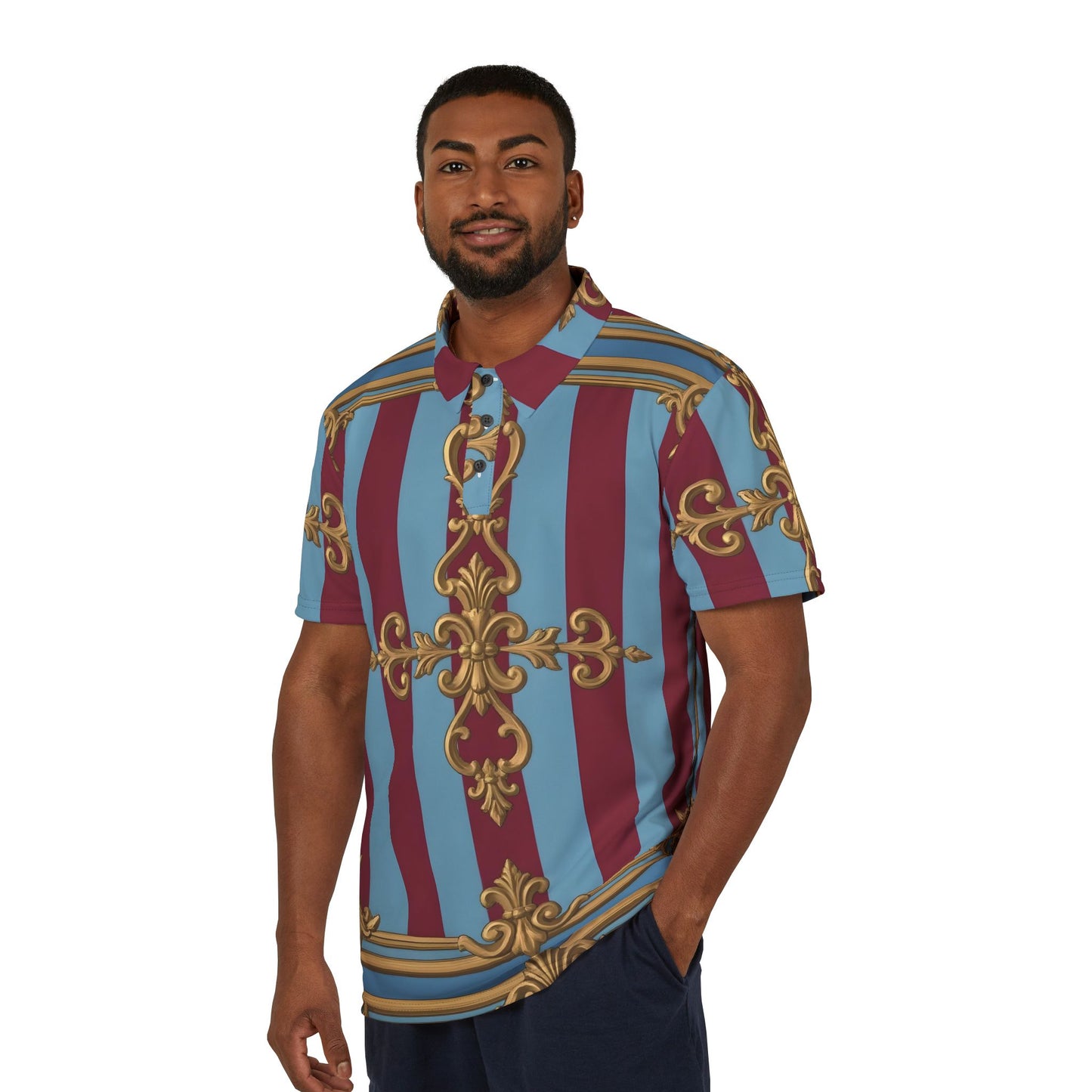 Ornate Pattern Unisex Polo Shirt | Casual Everyday Wear, Trendy Outfit for Men and Women - Sky Blue & Maroon Striped Baroque