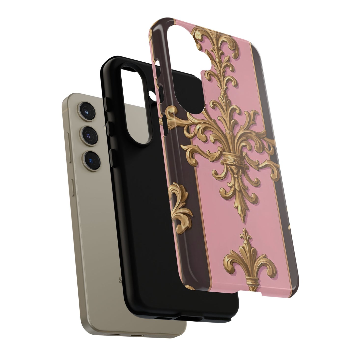 Elegant Floral Motif Phone Case - Tough Cases with Vintage Design - Pink & Brown Striped Gold Damask
