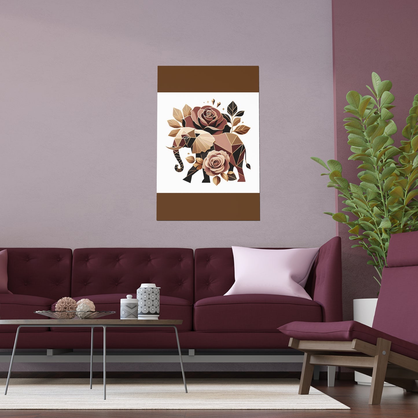 Elegant Floral Silk Poster - Indoor/Outdoor Wall Art for Home Decor - Brown & Gold Elephant & Roses