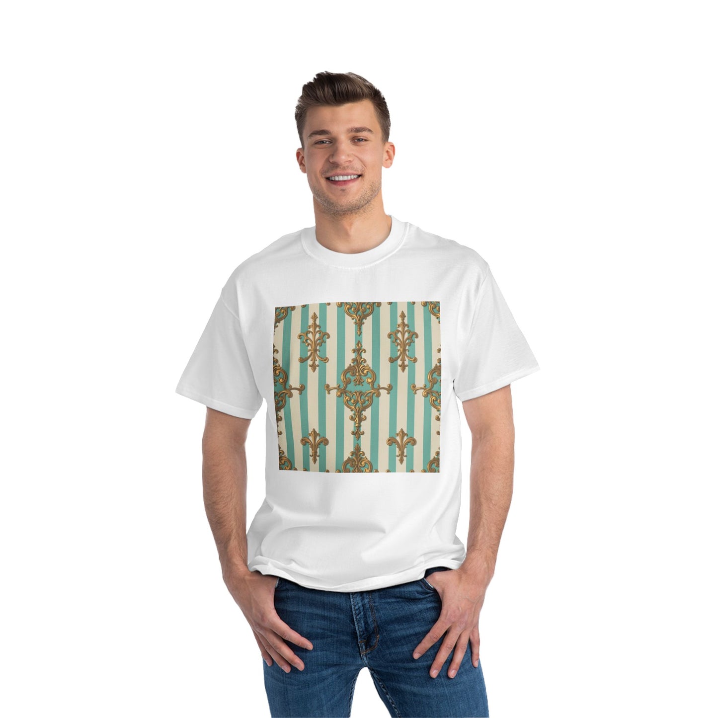 Elegant Patterned Short-Sleeve T-Shirt, Fashion Tee, Casual Wear, Gift for Her, Summer Style, Unique Design - Matte Green Striped Rococo