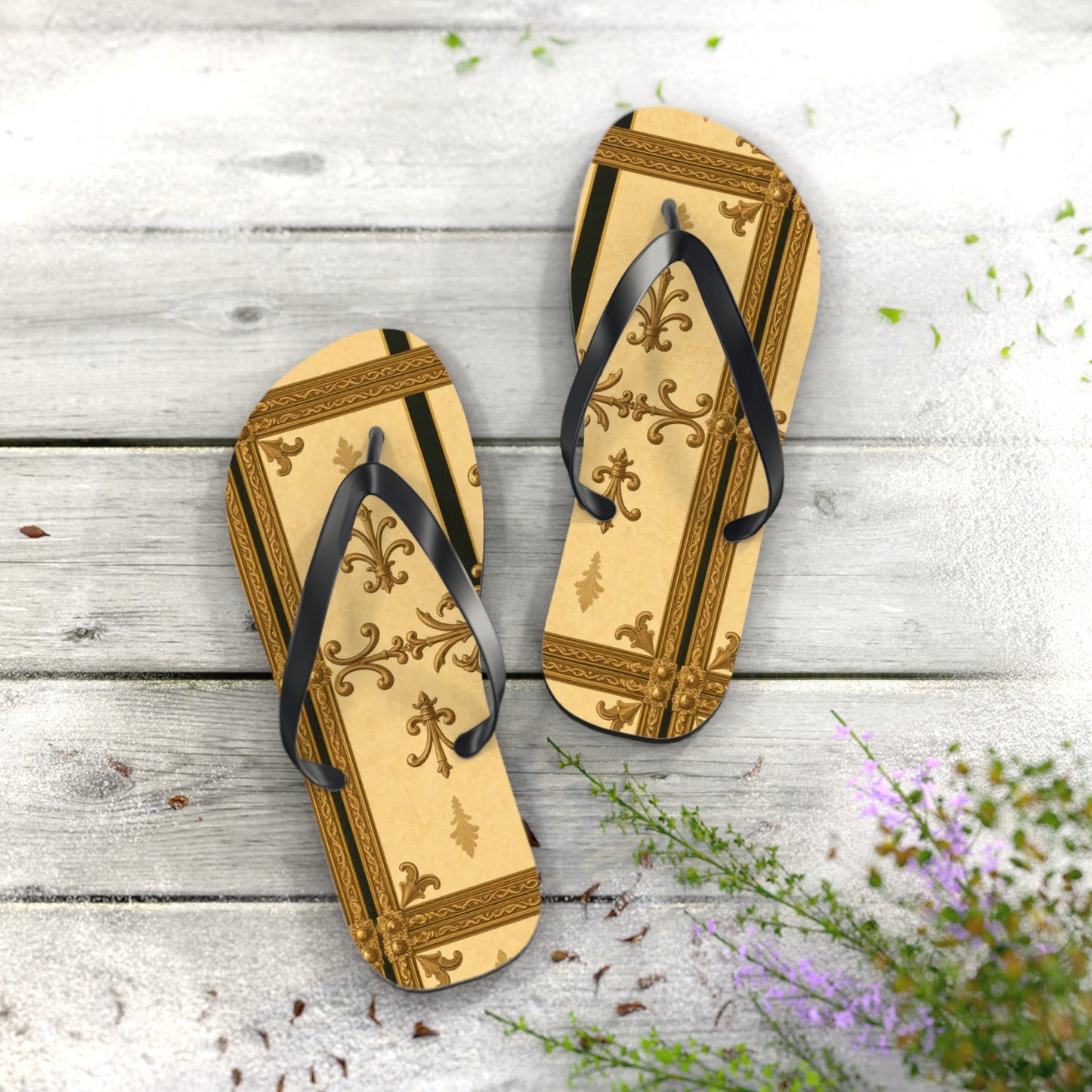 Elegant Vintage Flip Flops, Summer Footwear, Beach Sandals, Vacation Essentials, Relaxation, Unique Gifts - Matte Yellow Striped Antique Rococo