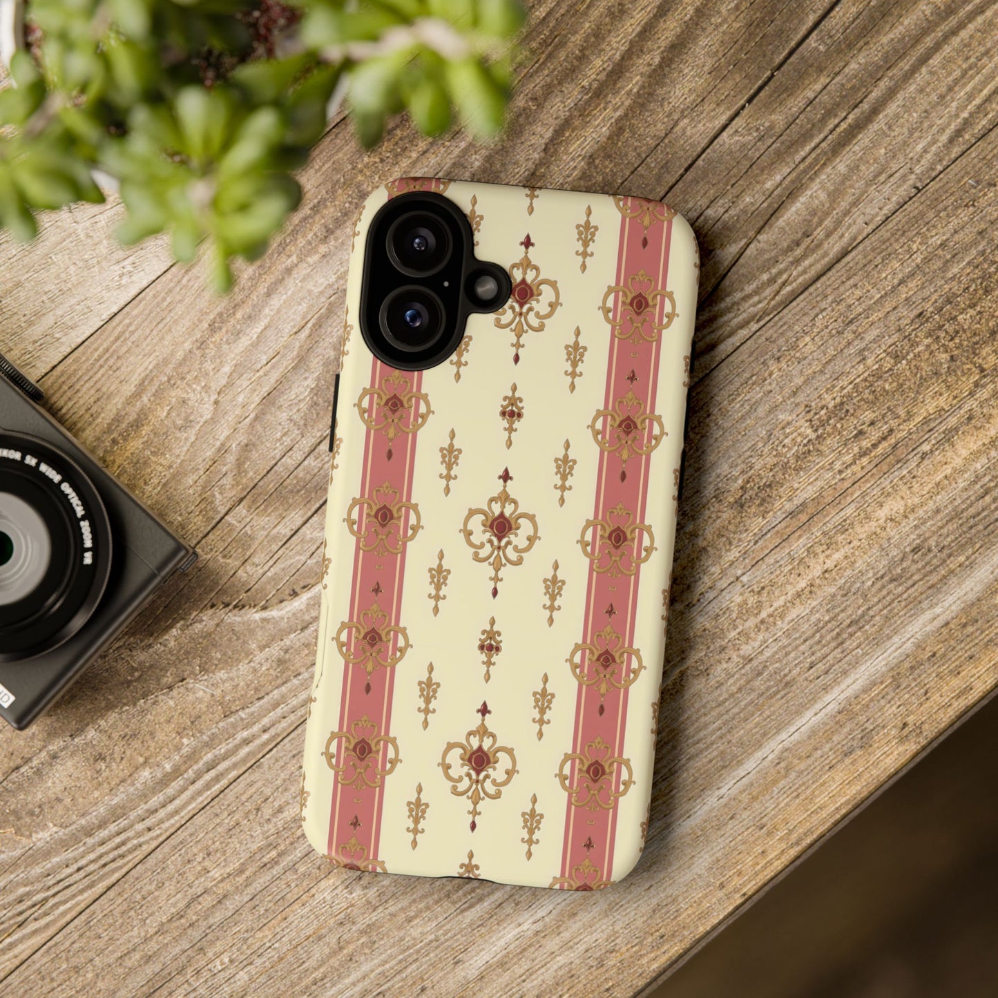 Elegant Floral Motif Phone Case - Tough Cases with Vintage Design - Mauve Striped Gold Damask