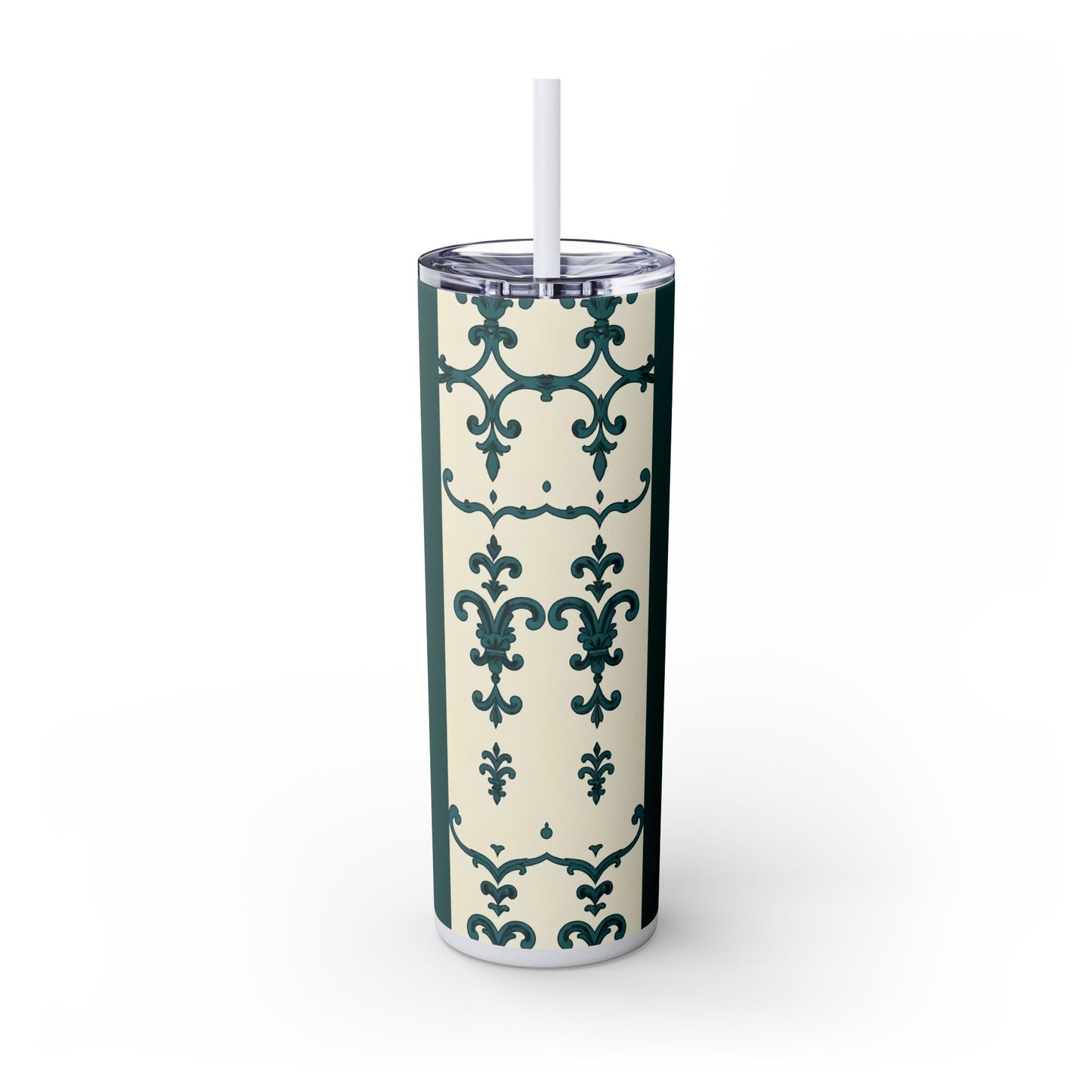 Elegant Floral Skinny Tumbler, 20oz - Stylish Travel Mug for Home, Coffee Lover Gift, Eco-Friendly Drinkware, Party Favor - Teal Striped Rococo