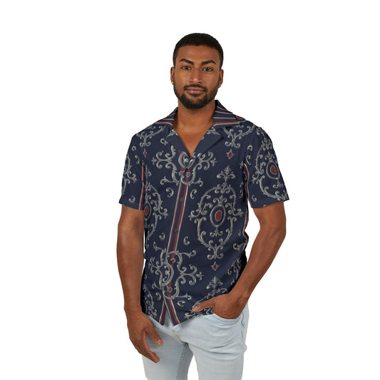 Stylish Men's Hawaiian Camp Shirt, Summer Shirt, Vacation Wear, Casual Fashion, Beach Party Attire - Blue & Red Striped Silver Baroque