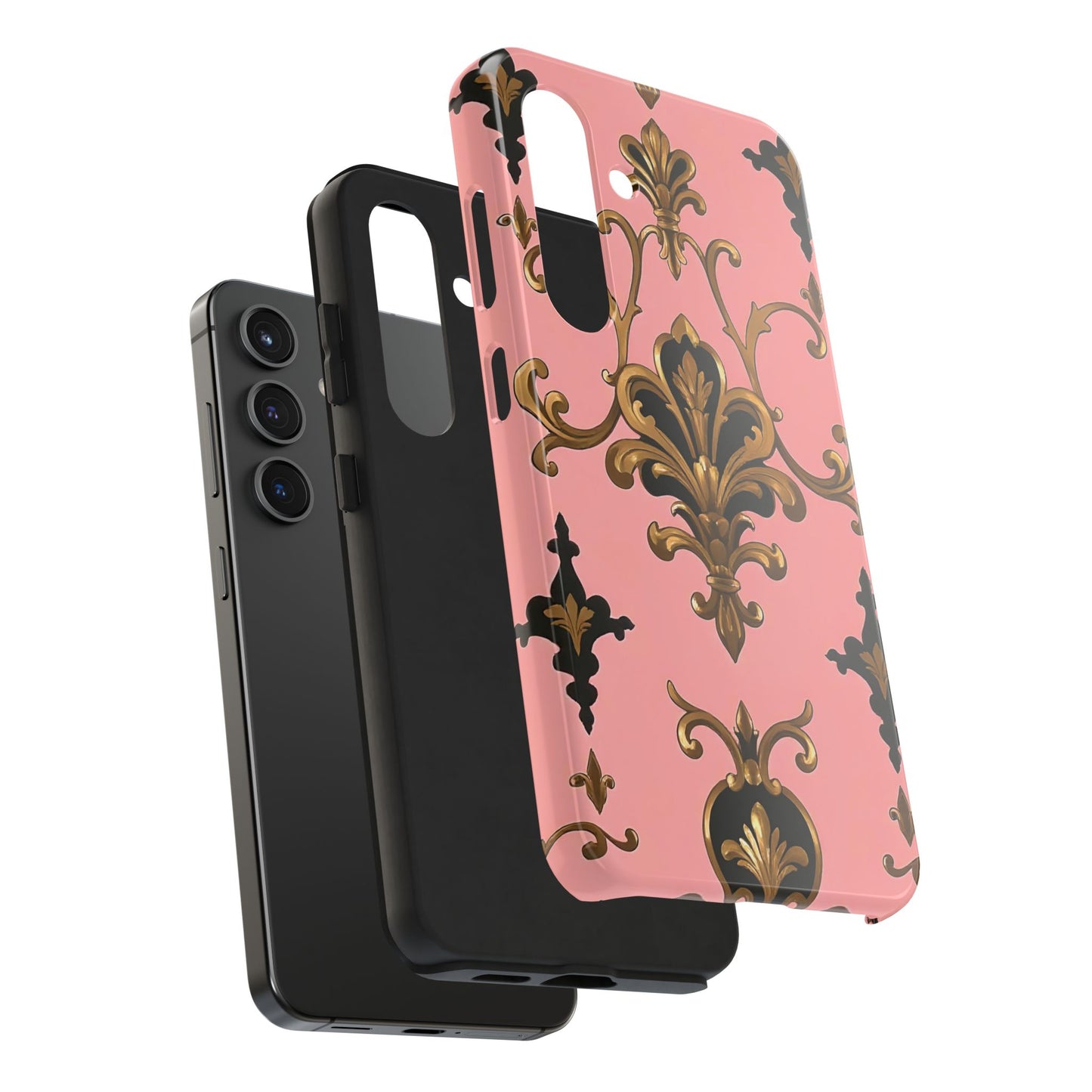 Chic Tough Phone Cases with Floral Design, Elegant Phone Cover, Durable Smartphone Case, Stylish Tech Accessory - Pink, Black & Gold Rococo