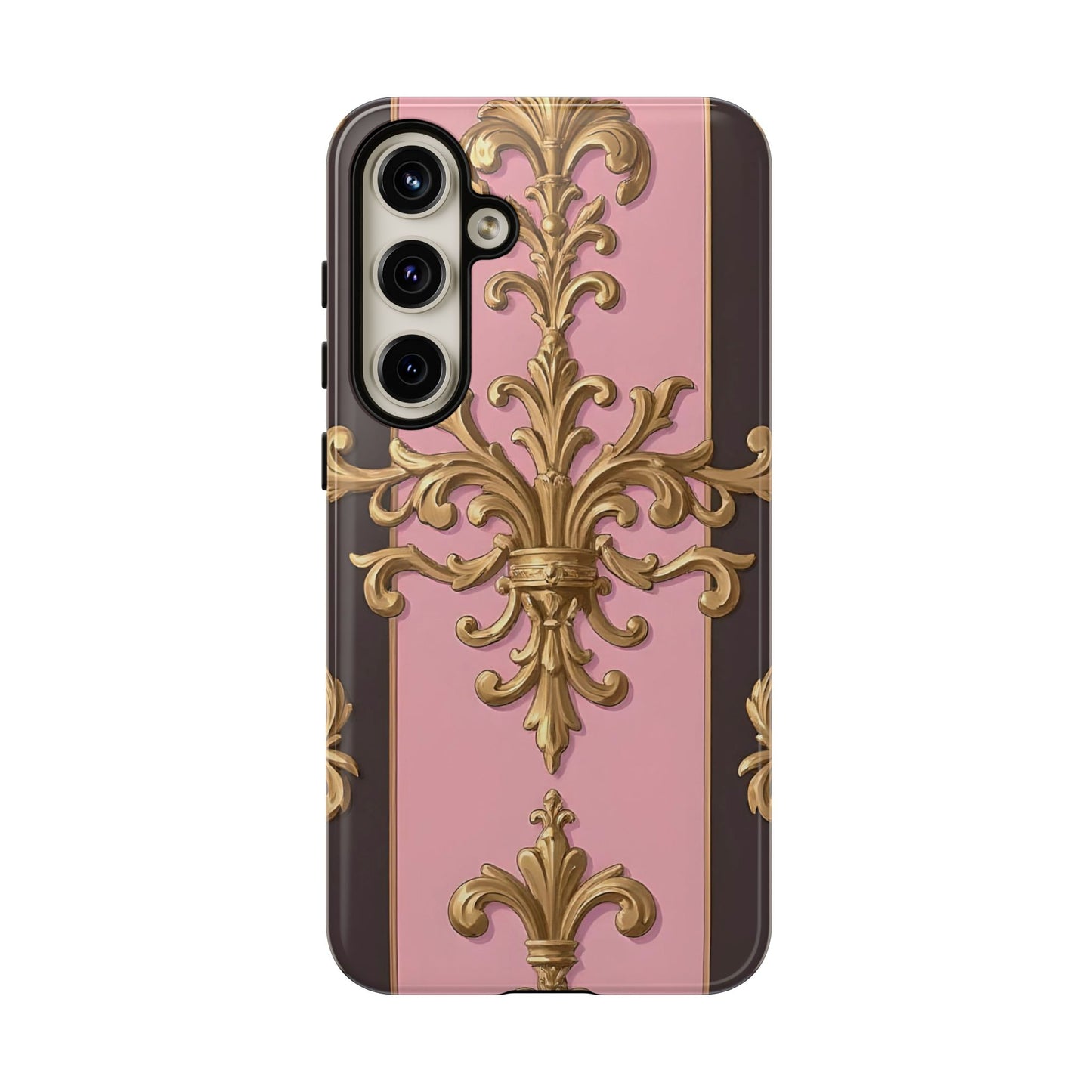 Elegant Floral Motif Phone Case - Tough Cases with Vintage Design - Pink & Brown Striped Gold Damask