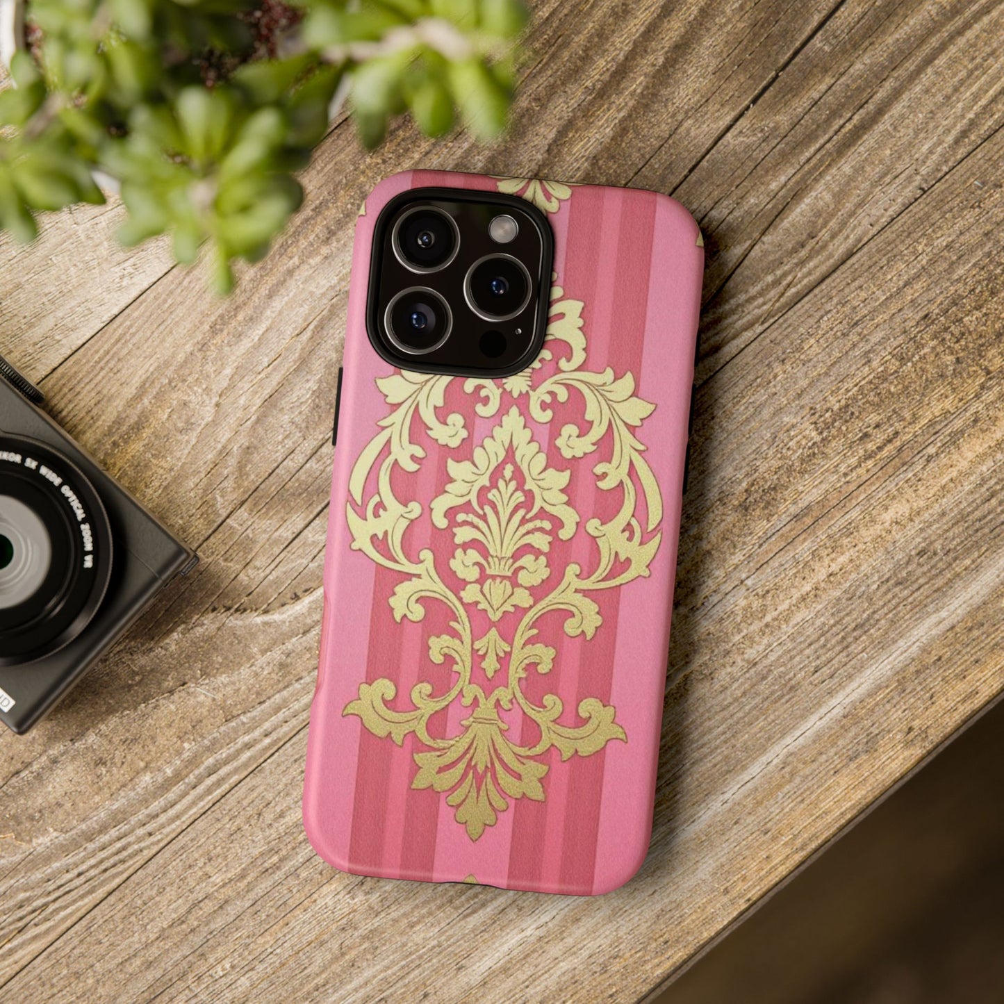 Elegant Floral Motif Phone Case - Tough Cases with Vintage Design - Pink Striped Damask