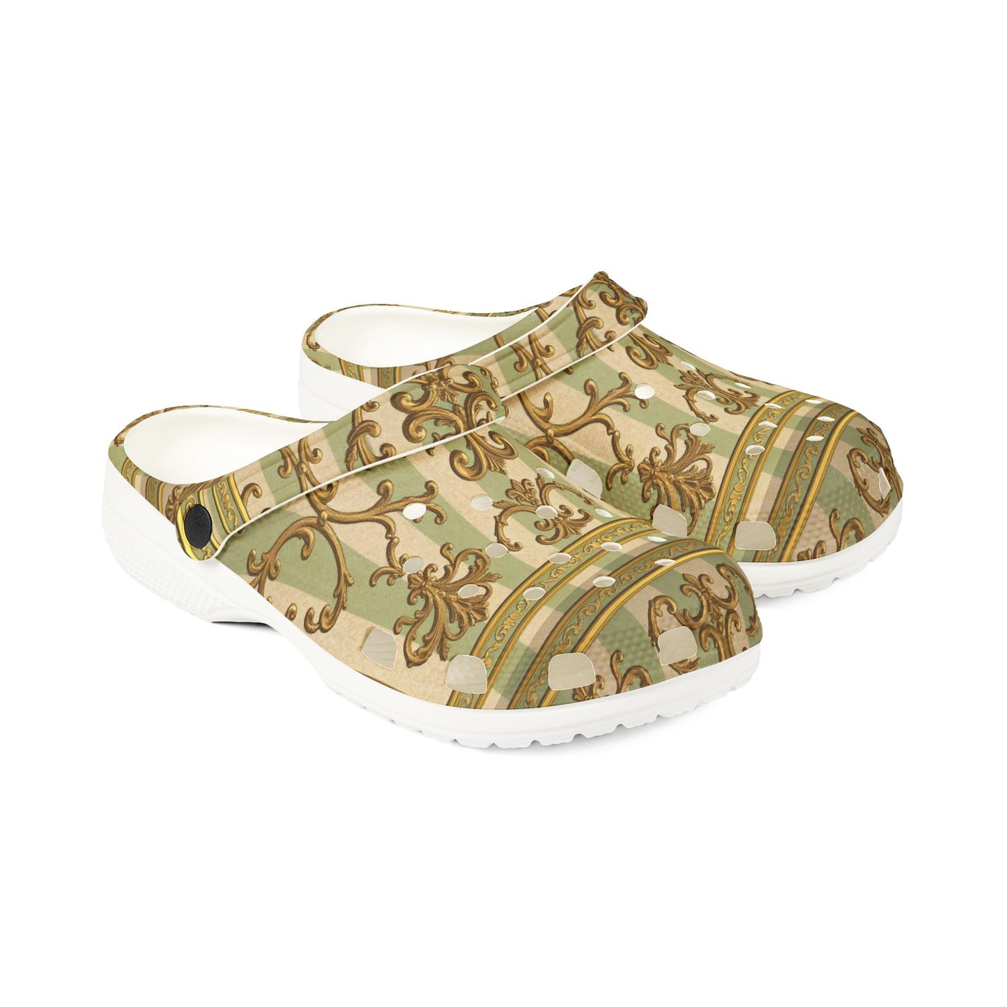 Stylish EVA Foam Clogs with Floral Design, Comfortable Garden Shoes, Unique Fashion Footwear - Mint & Beige Striped Gold Baroque