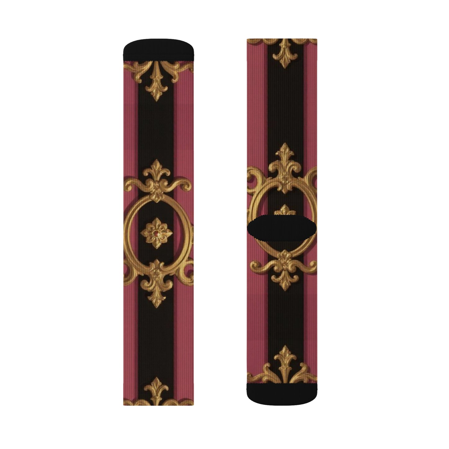 Stylish Sublimation Socks, Black & Mauve Striped Gold Baroque Fashion Socks, Unique Gift Socks, Cozy Home Socks, Trendy Footwear, Comfortable Dress Socks