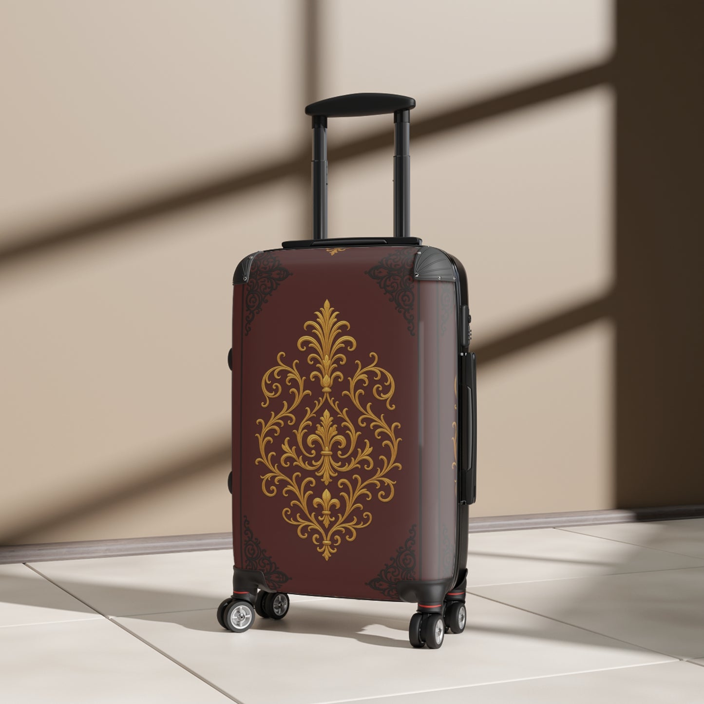 Dusk Burgundy-Black & Gold Baroque Vintage Carry-On Suitcase — Ornate Gold Baroque Travel Luggage